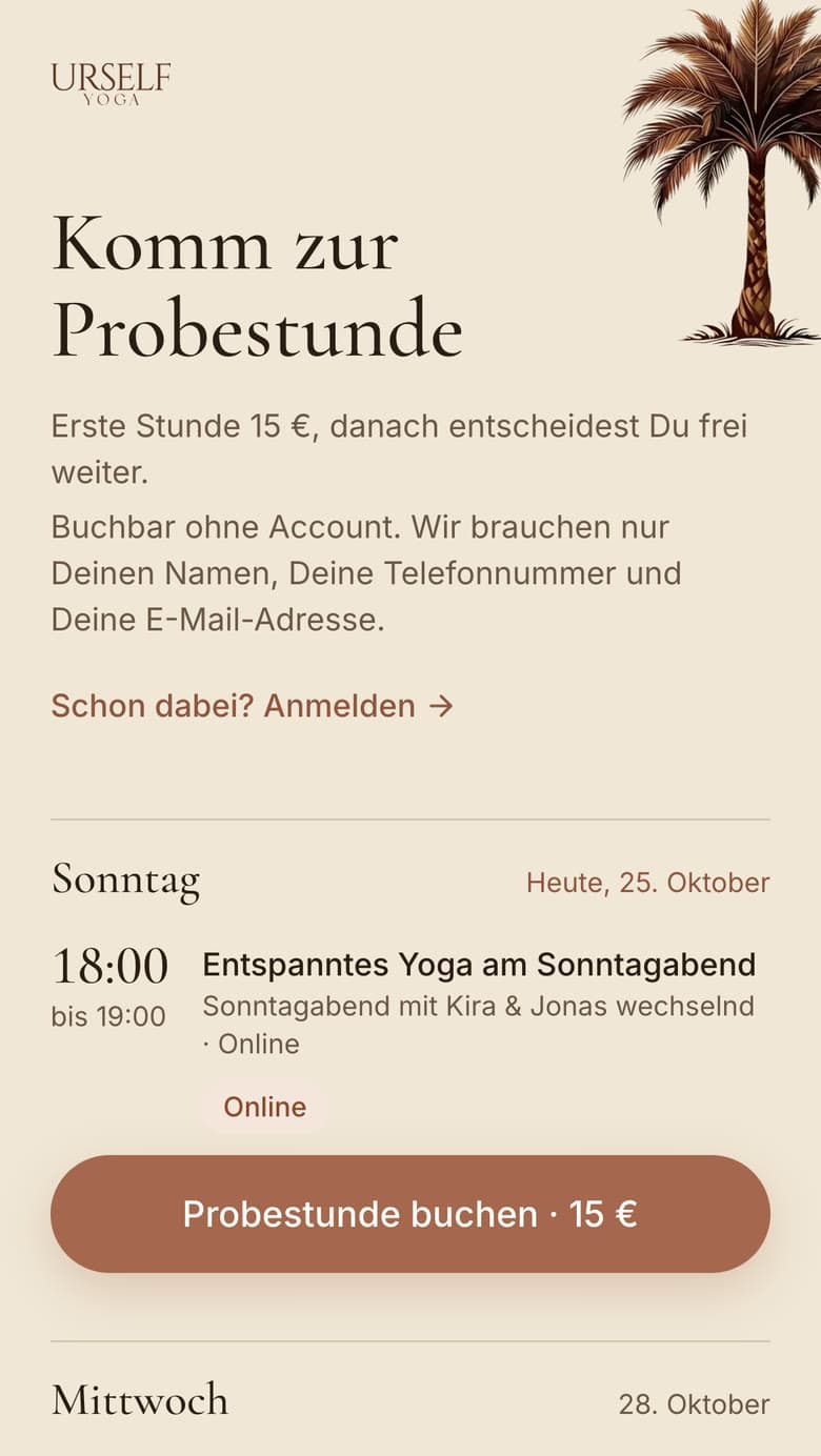 Screenshot der URSELF-Kurs-App auf dem Handy: Kursplan mit einer Sonntagsstunde und dem Button „Probestunde buchen“.