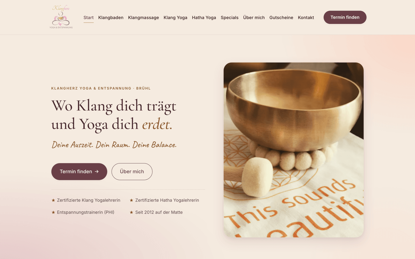 Website Klangherz Yoga, Desktop-Ansicht